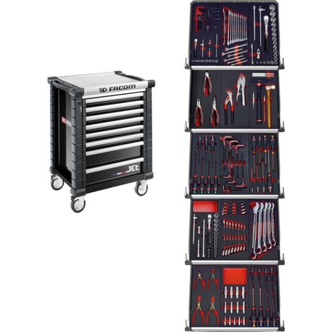 Facom – Servante d'atelier roulante 8 tiroirs – 15 modules mousse – Charge maximale 300kg – Dimensions 800x500x900mm – Noir