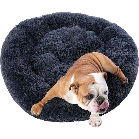 Panier pour Chien - Lit Coussin Rond pour Chat - Canapé Donut Moelleux Confortable pour Toutes Tailles de Chiens et Chats - Tissu en Peluche (80 cm Ø Gris Foncé) (1/5)