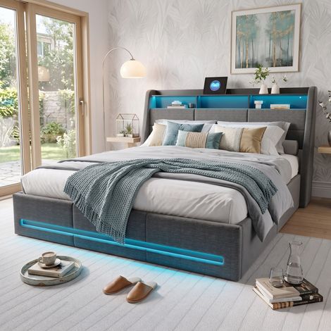 Superaly Lit Double Capitonné 140x190cm avec Rangement, Rangement Hydraulique, Tête de Lit avec étagères de Rangement, éclairage LED, Port USB, Lit pour Adolescents, Sommier à Lattes, Lin, Gris (1/5)