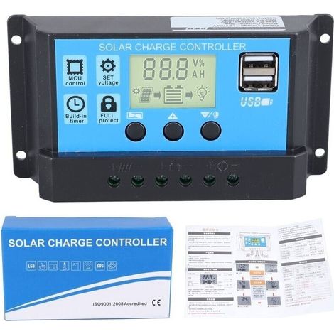 30A 12V/24V Contrôleur de Charge Régulateur Panneau Solaire de Batterie Intelligent PWM avec 5V Double Port USB LCD Affichage pour Les Batteries Plomb-acide
