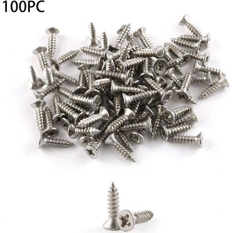 100 viti in acciaio inox 0,4 x 2 cm, viti a testa svasata e Phillips, viti per gambe del tavolo, viti a testa tonda per fissaggi e montaggio del legno. (1/5)