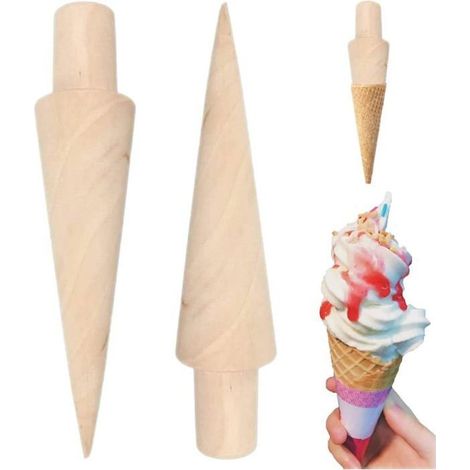 2Pcs Cone Cuisine, Rouleau Gaufre Cône en Bois, Moule de Cornets de Crème Glacée pour Bricolage Pâtisserie Dessert Cuisson (1/5)