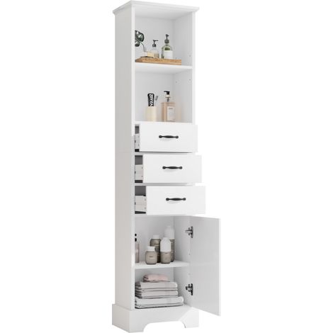 Armoire haute de salle de bain 38 x 26 x 172,5 cm, entièrement laquée pour une résistance à l’humidité, trois tiroirs + doubles étagères ouvertes + portes d’armoire, étagères réglables, blanc. (1/5)