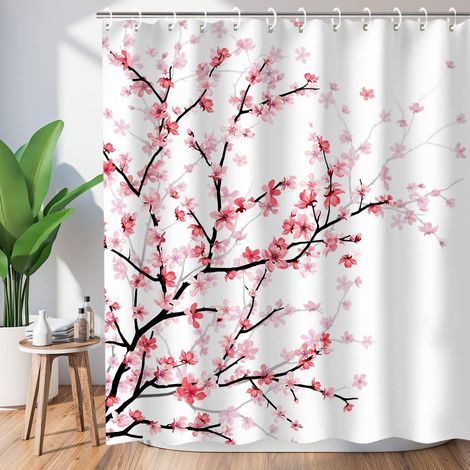 CCYKXA Fabric Bathroom Curtain with Hooks, Pink Sakura Floral Pattern, Decorative Shower Curtain for Bathroom, Machine Washable, 72 x 72 inches