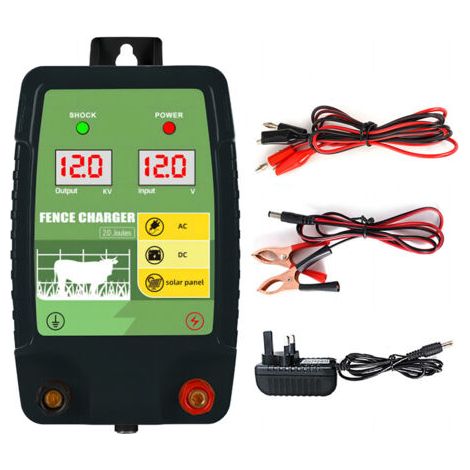 2J Output 12 V avec double affichage LED, portée de 10 km, appareil de clôture électrique étanche pour la protection des animaux de ferme, animaux domestiques, volailles, pâturages (1/5)