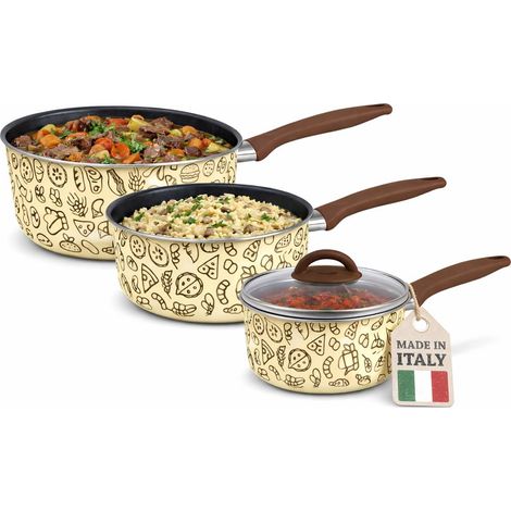 BAKAJI Tris Casseruole Pastella da 16-18 - 20 cm con 1 Coperchio in Vetro, Fondo Antiaderente, Manico Soft Touch, Adatto a Piani Cottura a Gas (1/5)
