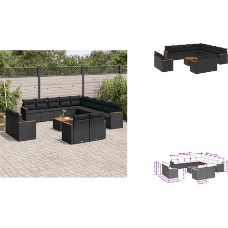 The Living Store Salon de jardin avec coussins 14 pcs noir résine tressée - Canapés de jardin (1/3)