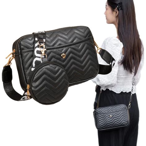 Schwarze Damen-Umhängetasche aus Kunstleder, 2er-Set, Chevron-Muster