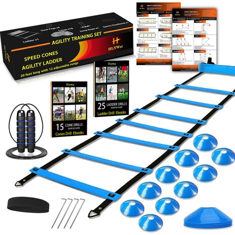 Speed Agility Training Kit, Includes 1 Agility Ladder, 4 Steel Stakes, 1 Sports Headband, 1 Skipping Rope, 10 Disc Cones and Carry Bag - Equipment (1/5)