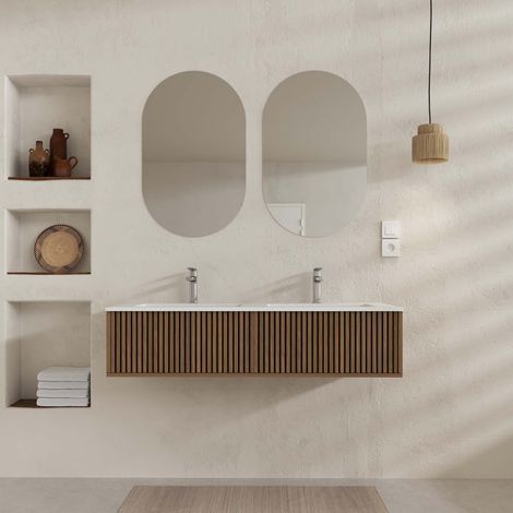 Mobile Bagno 120 - 2 Cassetti - Rovere e Nero Scanalato - Lavabo Bianco - Specchi Ovali 50x80