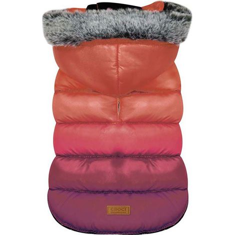 25 cm: Giubbotto imbottito impermeabile modello Sunset Rosso con cappuccio con pelo per cani