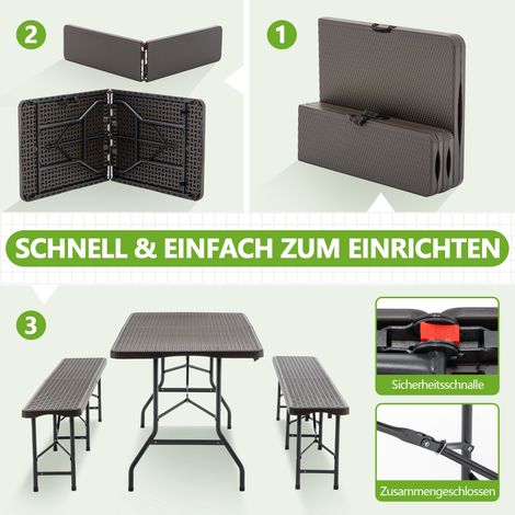 Table de pique-nique pliable 6 pieds accompagnée de deux bancs, kit camping trois pièces plateau HDPE motif bois, système de blocage anti-UV étanche, couleur marron (1/4)