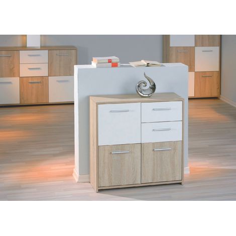 Dmora Buffet avec trois portes et deux tiroirs, blanc et chêne, Mesures 77 x 77 x 30 cm, avec emballage renforcé (1/5)