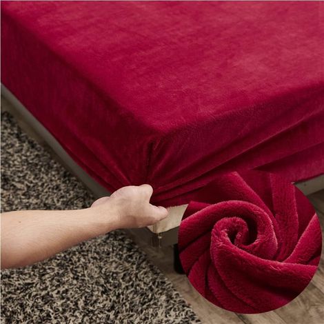 Drap Housse 90x200 en Polaire, Vin Rouge Velours pour Enfant - Matelas Épais 1 Personne, Flanelle Brossée avec Rebord Élastique, Bonnet 30 cm (1/5)