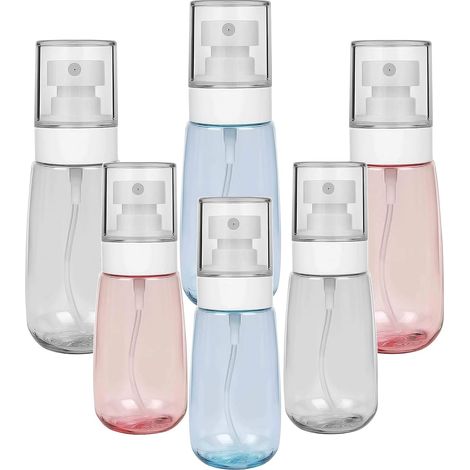 Lot de 6 flacons de voyage vides à brume fine, contenants liquides rechargeables portables, atomiseur pour cosmétiques et maquillage, 60 ml et 100 ml (rose, transparent, bleu) (1/5)