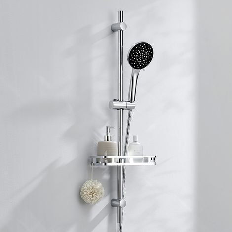 Auralum Max Duschstange 90 cm Edelstahl mit Duschablage & Runder Handbrause 6 Modi - Brausestange Chrom & Schwarz mit Verstellbarer Wandhalterung, 1,5m Duschschlauch (1/5)