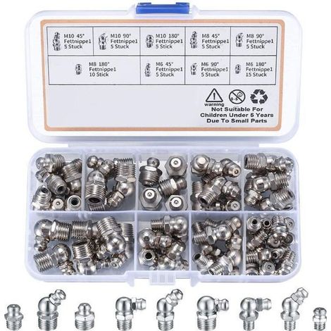 Kit de 60 graisseurs à visser M6 M8 M10 – Angles 45° 90° 180° – Fer nickelé résistant à la corrosion – Pour machines industrielles (1/5)