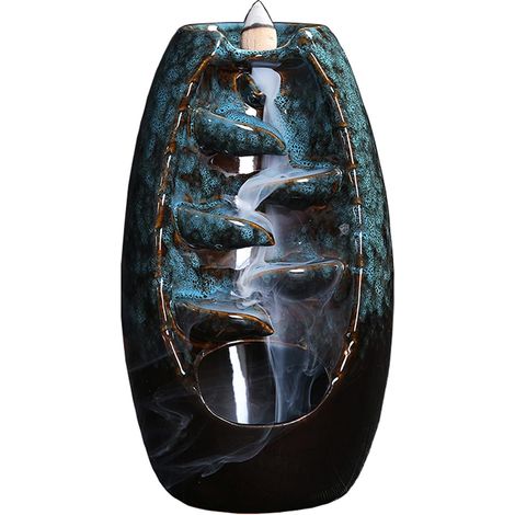 Bruleur Encens Cascade, Fontaine a Encens en CéRamique avec 60 Encens Cone et 1 Coussin, pour AromathéRapie et DéCoration IntéRieure, Bleu Grand (1/5)
