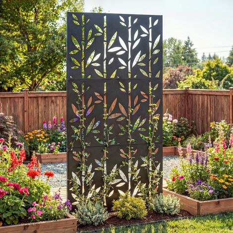 Panneau Brise Vue décoratif Extérieur Claustra Décoratif Jardin 3 Panneaux à motif Bambou métal 92x40x192cm Noir (1/5)