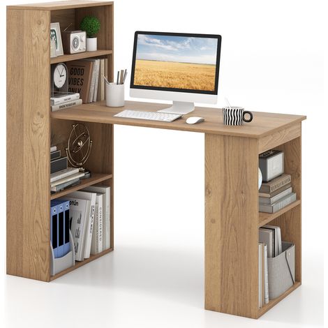 Bureau informatique en bois naturel avec 4 étagères et support CPU, étagère détachable pour chambre, studio et petit appartement (1/5)