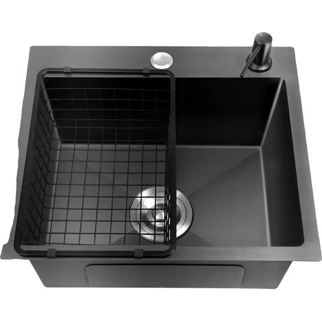 Évier de cuisine, simple cuve, construction en acier inoxydable, noir (1/2)