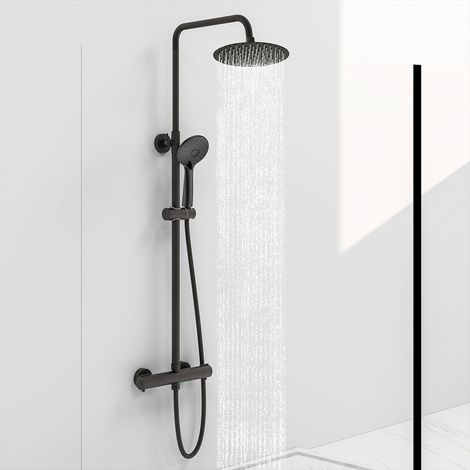 AICA Colonne doccia termostatiche, set doccia con soffione rotondo 25x25cm in acciaio inox e rubinetto termostatico 300x45mm, sistema antiscottature, nero
