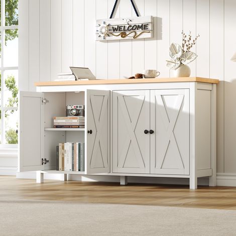 Buffet blanc moderne à 4 portes, poignées rondes noires, 2 compartiments, meuble de rangement multifonctionnel en MDF, meuble de salon/salle à manger, meuble d'entrée, blanc, 140 x 40 x 78 cm (1/4)