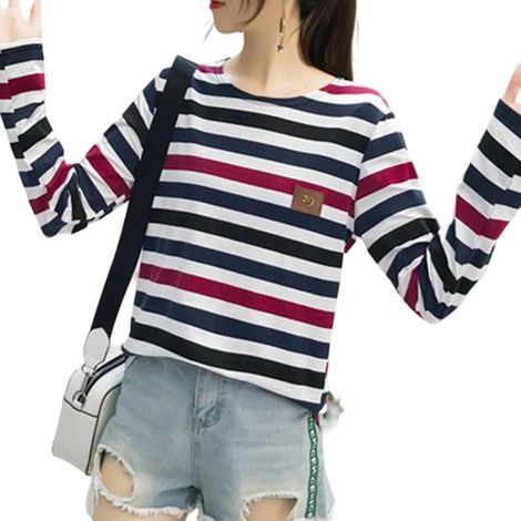 T-shirt femme, haut femme, tee-shirt femme d'hiver à manches longues, t-shirt à rayures, Poleras De Mujer (1/5)