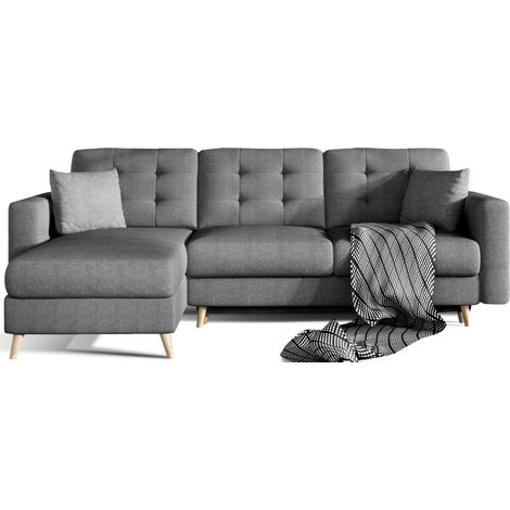 Sofá esquinero convertible HASGARD 3 plazas gris oscuro 248x162 cm – con almacenamiento y patas de madera