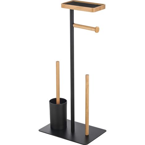 Combiné WC avec Support Smartphone TEIKI - Porte-Rouleau Papier WC Bambou & Acier + Brosse WC + Supporte 3 Rouleaux de Rechange - 67 x 29,5 x 20 cm - Noir (1/5)