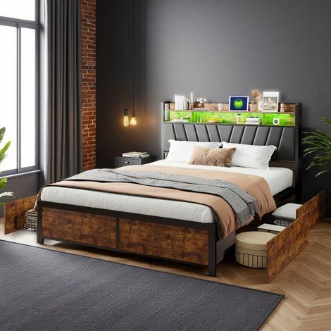 Cama 140x200 cm Negra 4 Cajones - con USB y LED – Estructura de Cuero Sintético Contemporáneo (1/5)