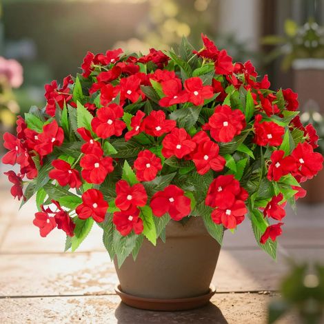 4 Impatiens Artificielles Extérieures – Rouge, Plantes en Soie UV, Idéal Jardin, Balcon et Terrasse (1/5)