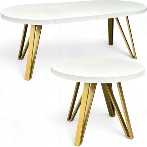 Runder Esstisch Weiß Halbmatt Ausziehbar Ø110/210 cm mit Goldenen Metallbeinen (1/5)