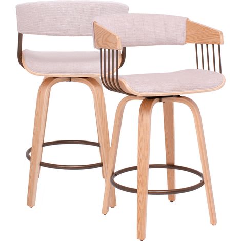 Colonia - Set 2 Sgabelli Imbottiti 49,5x92x37,5 cm Seduta Girevole in Legno Plywood e Tessuto Beige