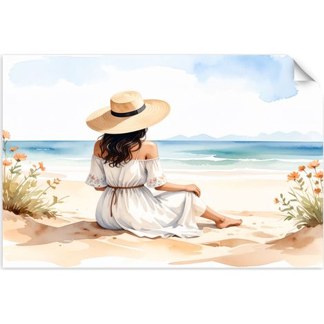 Selbstklebendes Poster – Wandsticker Frau mit Hut am Strand 60x40 cm