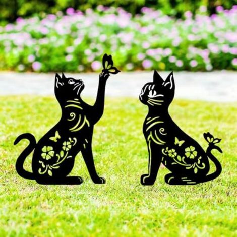 Set mit 2 dekorativen Metall-Gartensteckern für Hof, Garten, Rasen – die perfekte Außendekoration für Katzenliebhaber. (Schwarze Katze A)