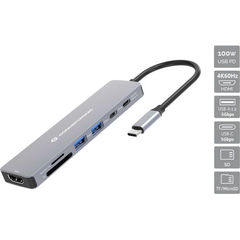 Conceptronic DONN28G base para portátil y replicador de puertos Alámbrico USB 3.2 Gen 1 (3.1 Gen 1) Type-C Gris (1/2)