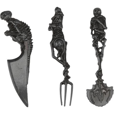 Couverts d'Halloween en alliage de zinc, motif tête de mort, set de fourchette, cuillère et couteau, parfait comme cadeau pour Halloween (noir). (1/5)