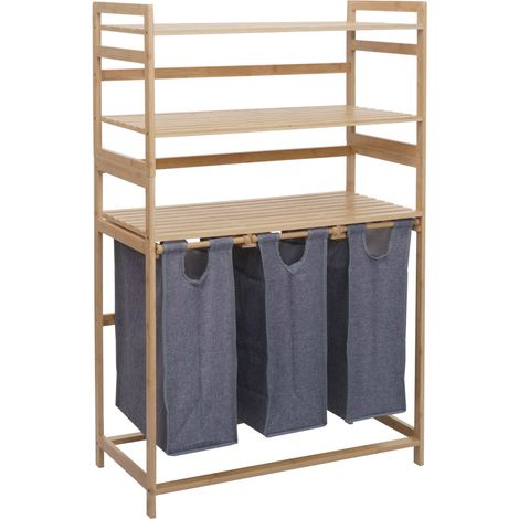[NUNCA USADO] Cesto para la ropa de bambú HHG-018, cesto clasificador de ropa, estante organizador de ropa, 3 bandejas, MVG 125 x 80 x 40 cm, 135 l, gris