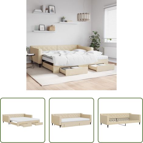 vidaXL Lit gigogne - Lit de jour avec gigogne et tiroirs crème 100x200 cm tissu (1/5)