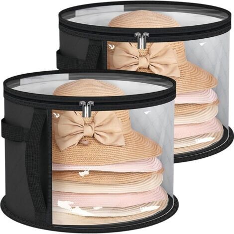 Round Hat Box for 7 Hats, Large Organizer for Cowboy Hats, Women's Hats & Wide Brim - Anti-Dust Protection for Wardrobe and Travel (2 Pieces, Black) (1/5)