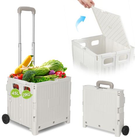 Carrello della spesa pieghevole a 2 ruote da 45 litri con manico telescopico e coperchio per viaggi, shopping e traslochi (bianco) (1/5)