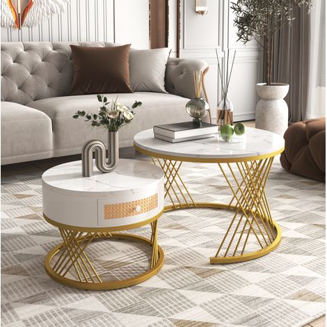 MEUBLIV Runder Couchtisch 2-in-1 70/50 cm weiß – Marmoroptik und Stauraum (1/5)