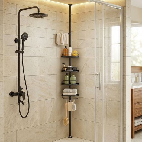 Étagère de Douche Réglable, avec Barre Porte-serviettes, 4 Niveaux, Hauteur 85-305 cm, Rangement de Salle de Bain, Noir (1/5)