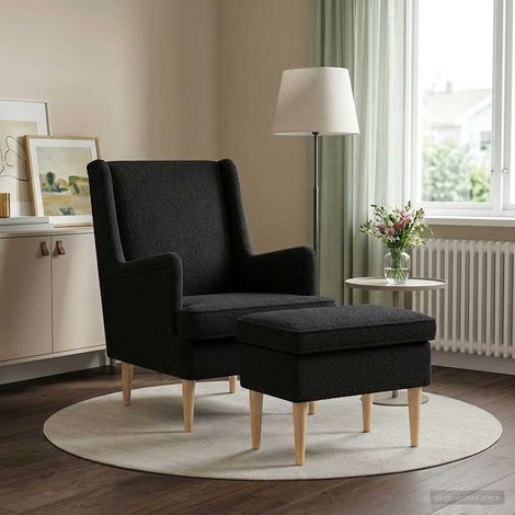 vidaXL Sillón con Pouf 2 uds. Negro Bouclé (1/5)