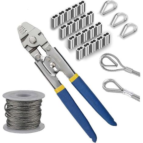 Outil de sertissage pour câbles métalliques, câble de 15 m (50 pi), kit d'outil de sertissage avec 200 boucles de sertissage en aluminium. (1/5)