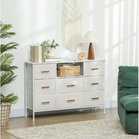 Commode 110x30x76 cm blanc crème en polyester avec 8 tiroirs et station de charge (1/5)
