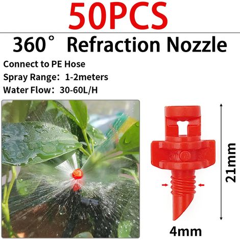 (T-360-50PCS) Arroseur goutte-à-goutte pour serre et jardin, avec diffuseur de brume réglable, piquet et buse rotative à micro-pulvérisation. (1/5)