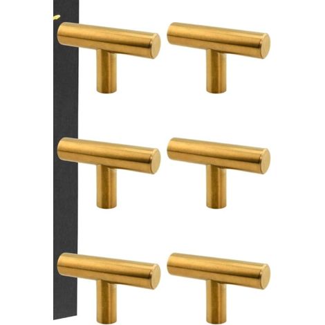 Sollbry Poignées de Placard Bar pour Portes, Tiroirs et Commodes en Acier Inoxydable [6 Pièces, Design en T] Couleur: Or (1/5)