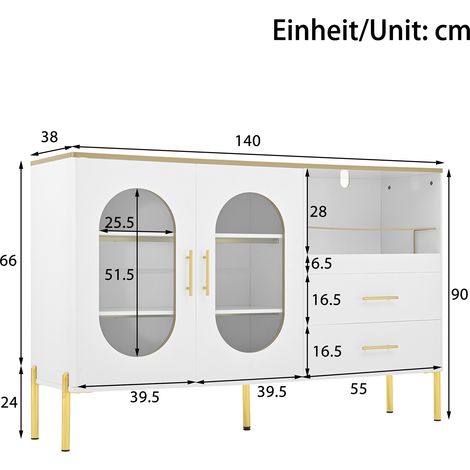 Buffet moderne blanc et or avec 2 tiroirs et 2 portes vitrées – Meuble de rangement élégant pour salon, salle à manger ou entrée – Grande capacité de stockage (1/5)